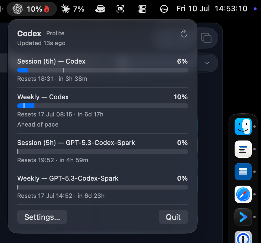 CodexBar menu showing usage limits
