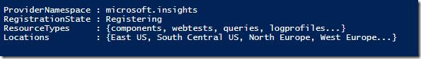 PowerShell output showing registration of microsoft.insights provider