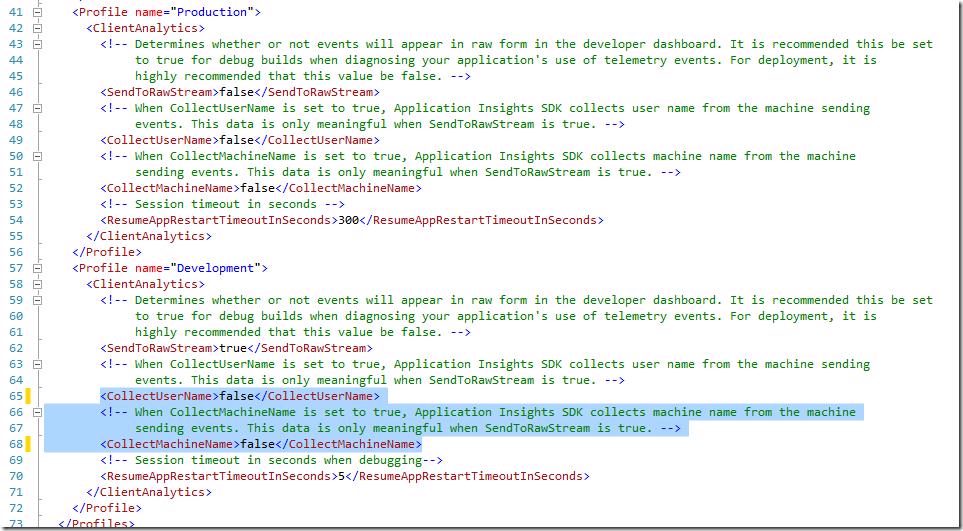 ApplicationInsights.config showing DevelopmentMode settings