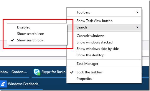 Search options in Taskbar context menu