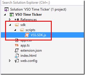 Visual Studio Solution Explorer showing VSS.SDK.js file in sdk/scripts folder