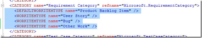 Categories.xml showing work item types for Requirements