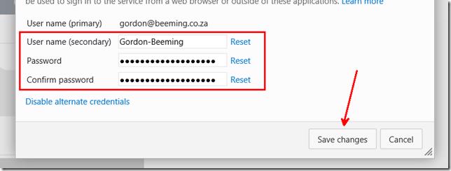 VSTS user profile setting alternate credentials with username and password fields