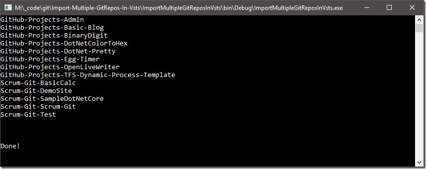 Output showing list of repositories in source collection