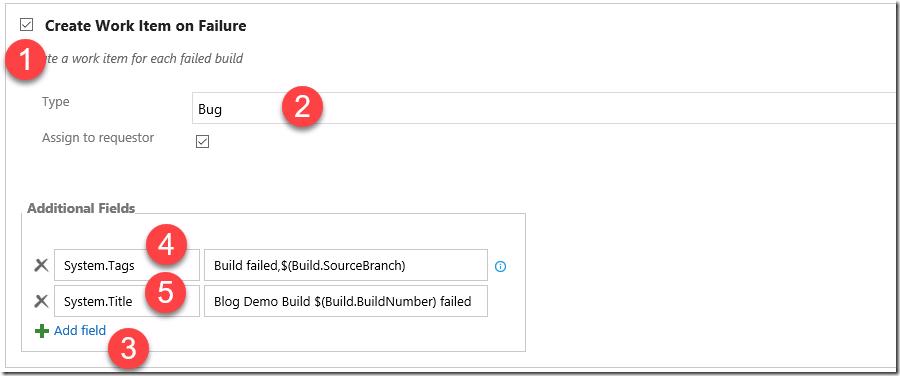 VSTS/TFS build definition options: Configuring automatic bug creation on failure with custom title and tags.