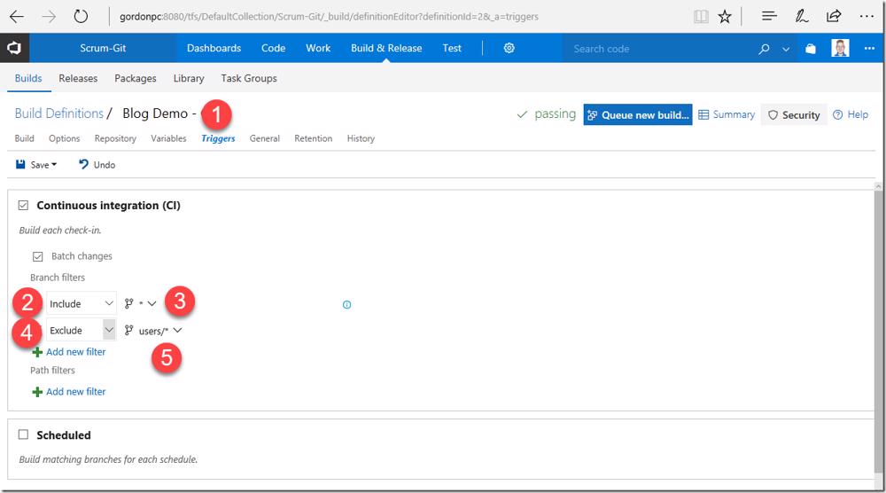 VSTS/TFS build definition triggers: Branch filter including all branches (*) and excluding user branches (users/*).