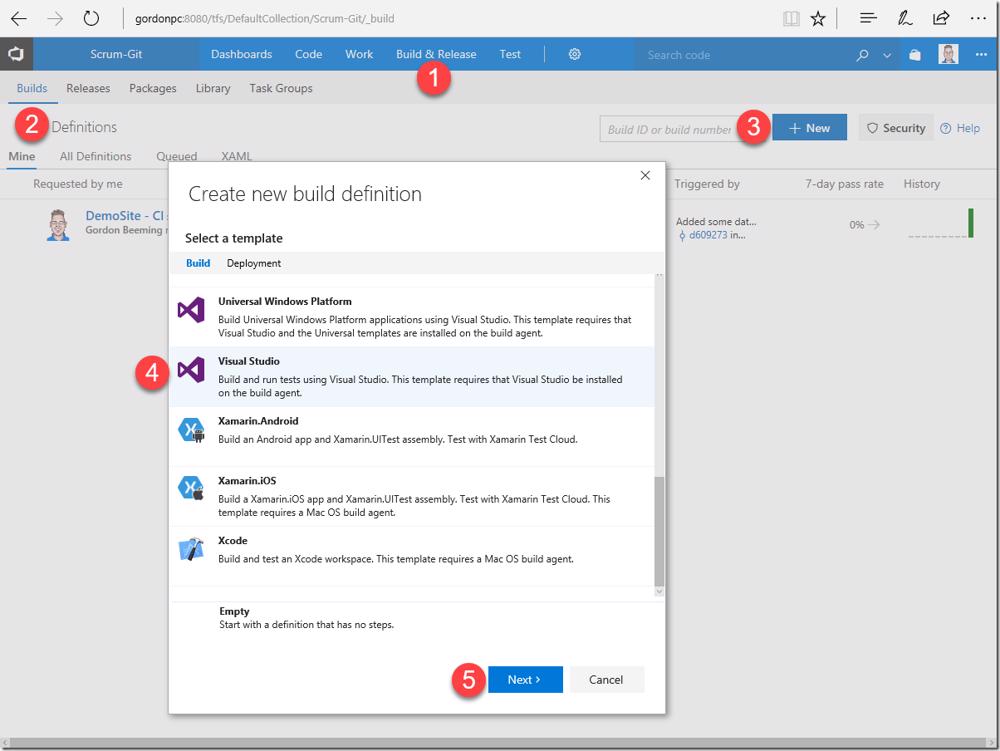 VSTS/TFS: Creating a new build definition using the Visual Studio template.