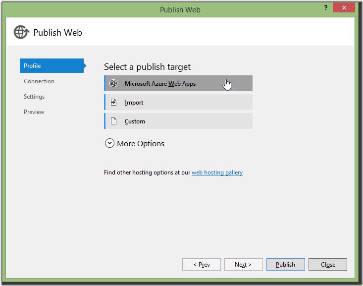 Visual Studio Publish Web dialog