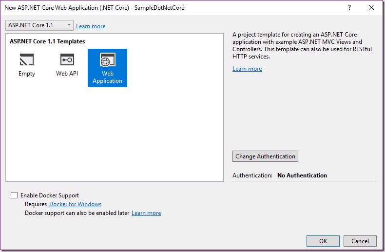 Visual Studio: Selecting ASP.NET Core 1.1 Web Application template.