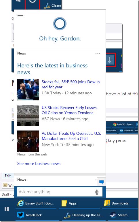 Cortana search interface
