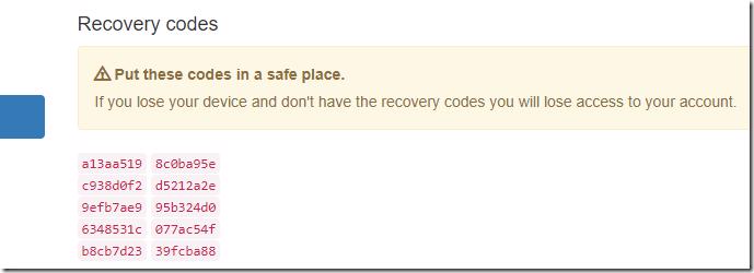 Recovery codes page after enabling two-factor authentication