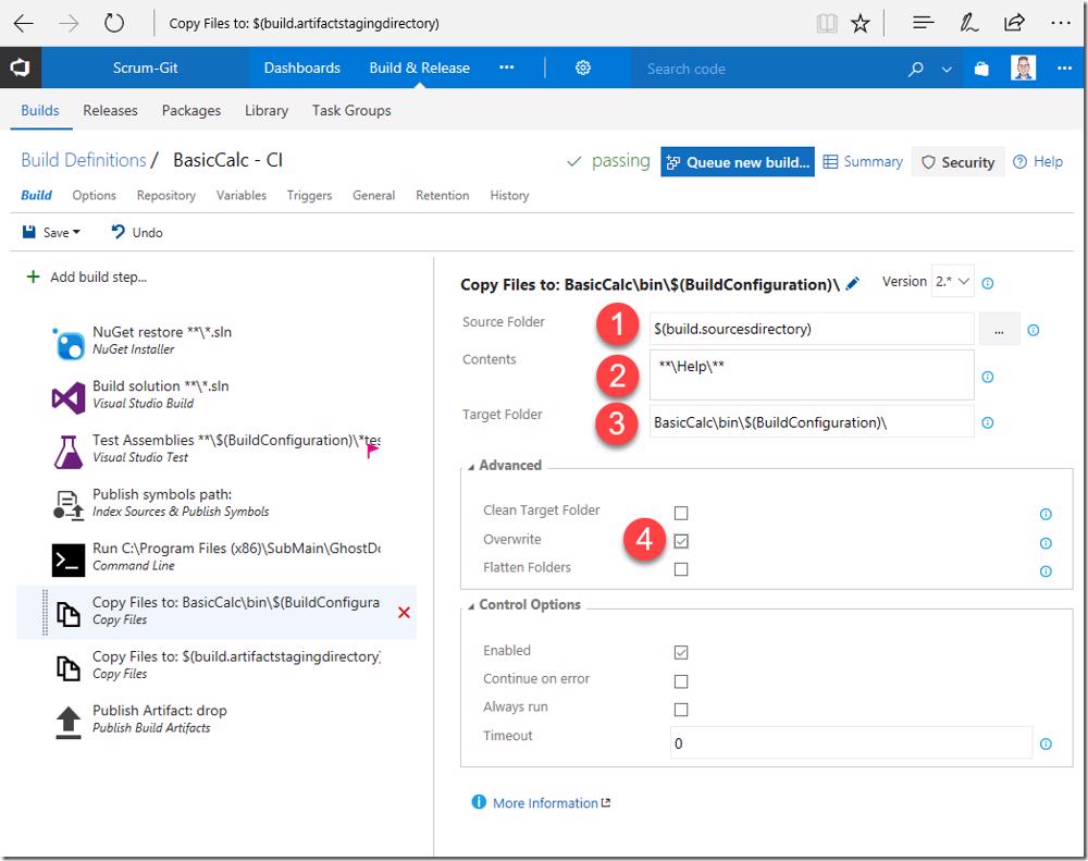 VSTS/TFS build definition showing the final configuration of the build tasks