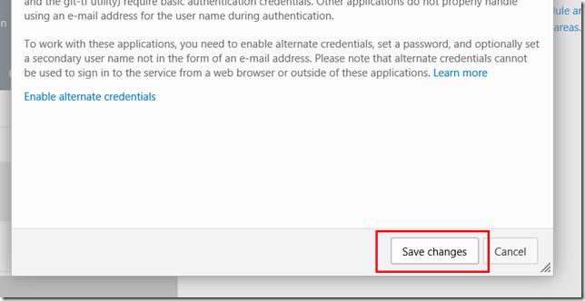 VSTS user profile Credentials tab after disabling alternate credentials