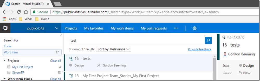 VSTS work item search results for 'test'