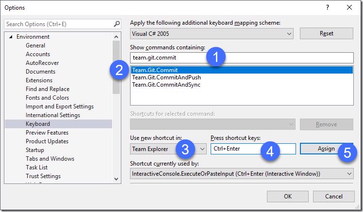Visual Studio keyboard options dialog showing assignment of Ctrl+Enter to Team.Git.Commit