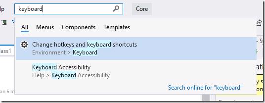 Visual Studio search for 'keyboard' highlighting 'Change hotkeys and keyboard shortcuts'