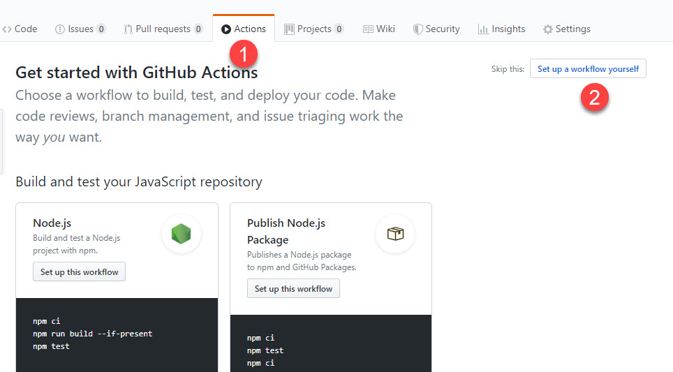 GitHub Actions tab with Set up a workflow yourself button