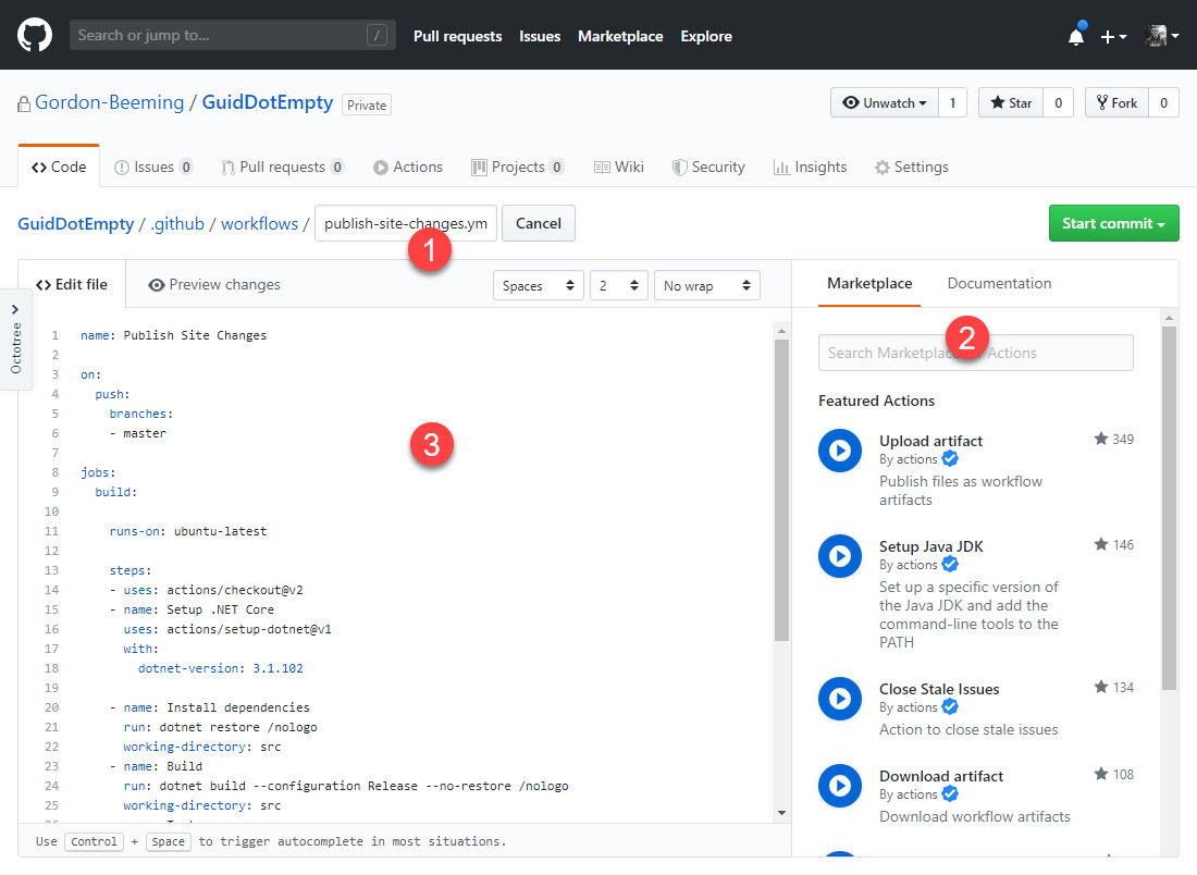 GitHub Actions workflow editor