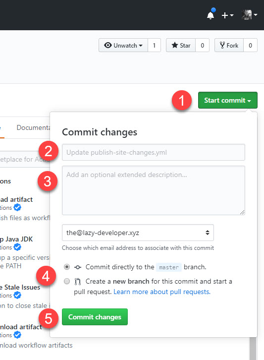GitHub commit changes dialog for workflow