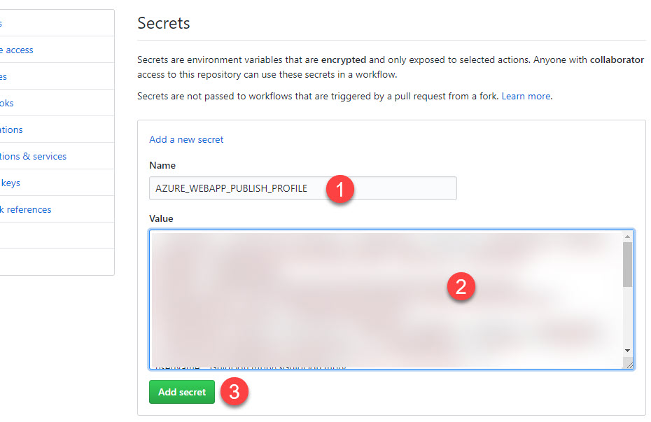 GitHub Add new secret dialog