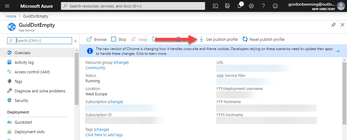 Azure Web App Get publish profile button
