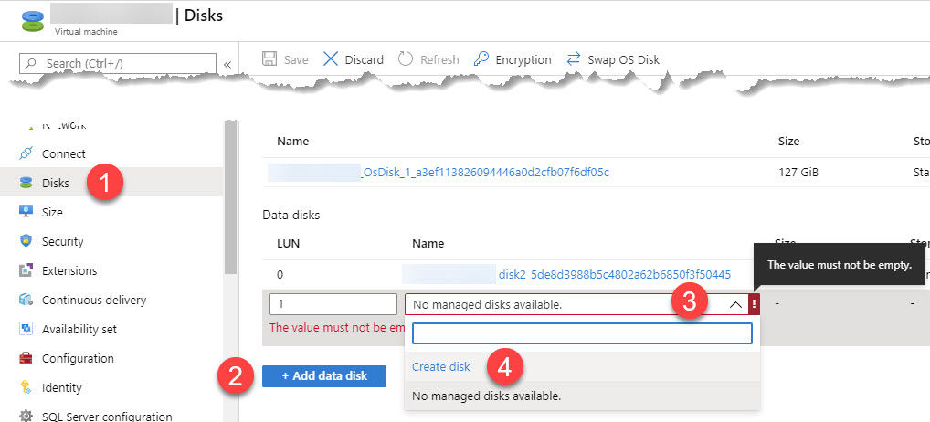 Azure VM Disks settings - Add data disk and Create disk buttons highlighted