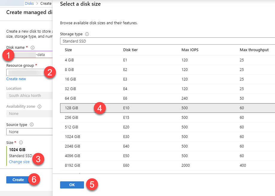 Azure Create managed disk dialog with name, resource group, and size options