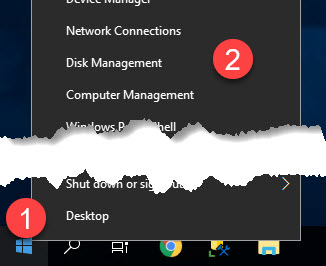 Windows Start menu with Disk Management option highlighted