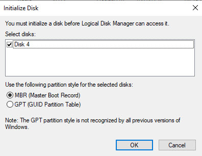 Windows Disk Management - Initialize Disk dialog