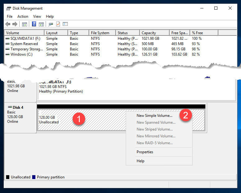 Windows Disk Management - New Simple Volume option for the new disk