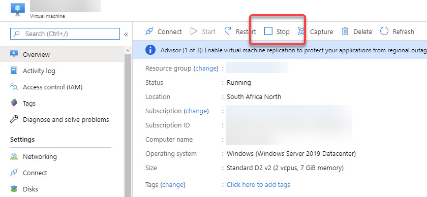 Azure VM Overview page with Stop button highlighted