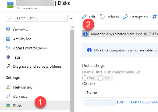 Azure VM Disks settings with Edit button highlighted