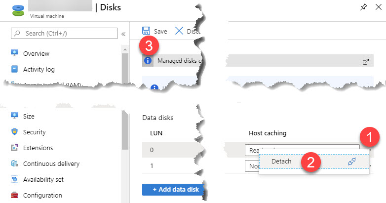 Azure VM Disks settings - Detach option for the old disk