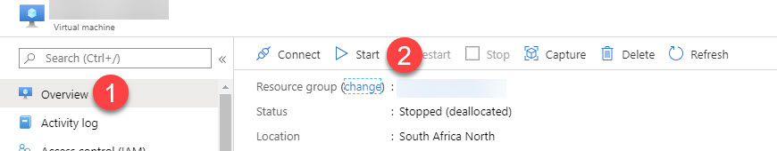 Azure VM Overview page with Start button highlighted