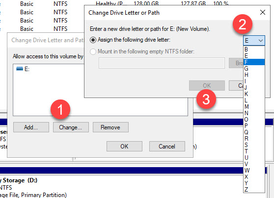Windows Disk Management - Change Drive Letter dialog, setting new drive to F