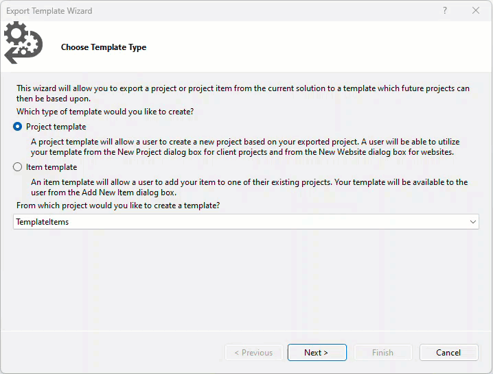 The Export Template Wizzard will guide you through the information needed to create the Item Project template