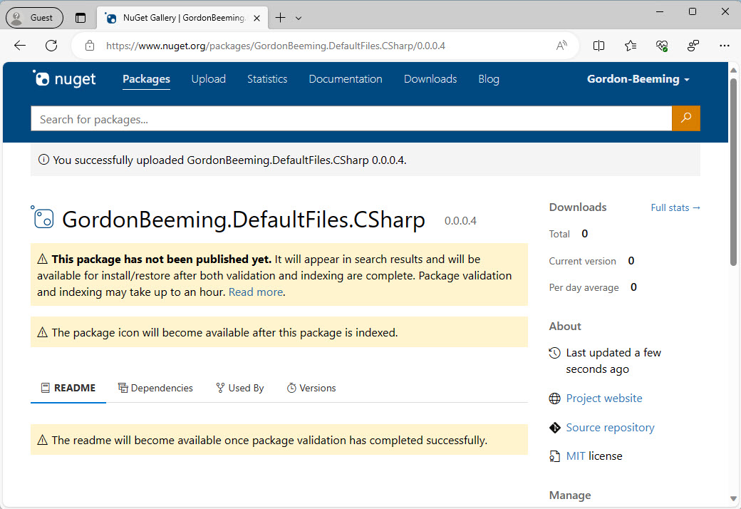 After clicking Submit, you will see that the page is uploaded with couple of warnings informing you that the page will take a bit to validate and index