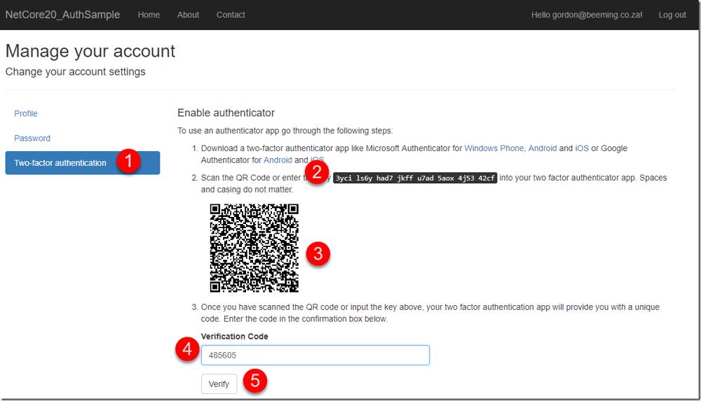 Enable authenticator page showing QR code and verification code input
