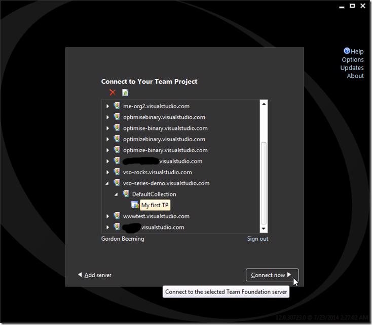Microsoft Test Manager Connect to your Team Project dialog