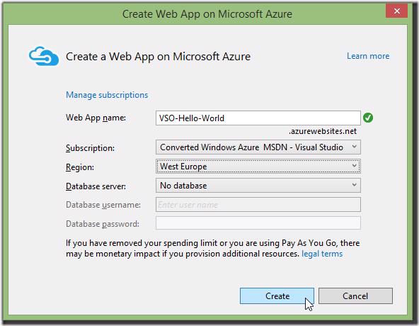 Visual Studio Create Web App on Microsoft Azure dialog