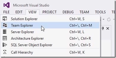Visual Studio View Menu with Team Explorer highlighted