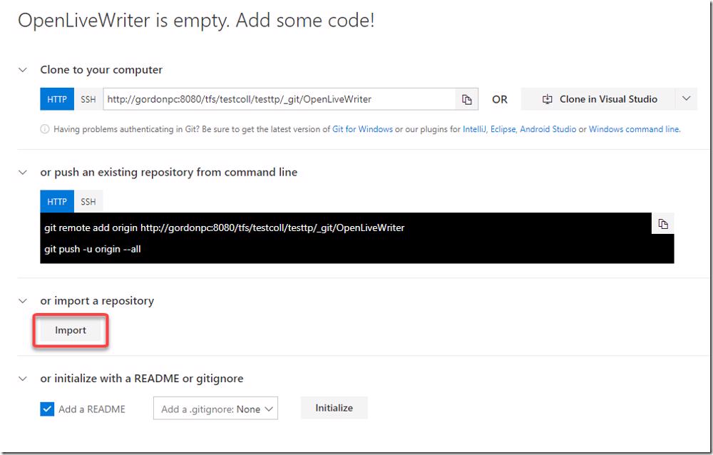 VSTS Import Repository button