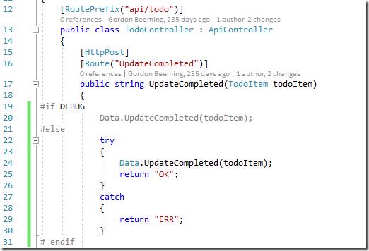 Visual Studio: C# code in TodoController with a missing return statement in a DEBUG block.