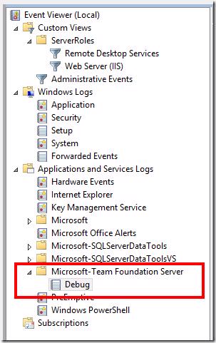 Event Log showing TFS Debug information
