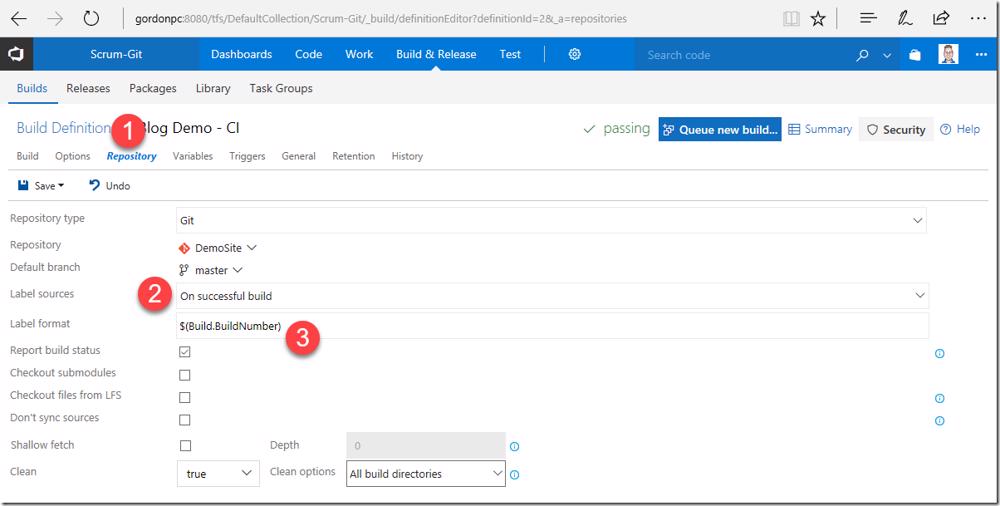 VSTS/TFS build definition repository settings: Label sources set to 'On successful build' with format '$(Build.BuildNumber)'.