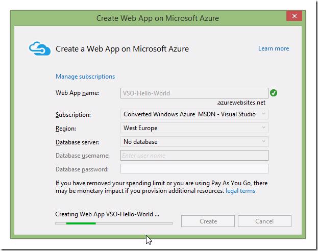 Visual Studio Create Web App on Microsoft Azure progress dialog