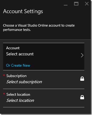 Azure portal Account Settings blade for Performance tests