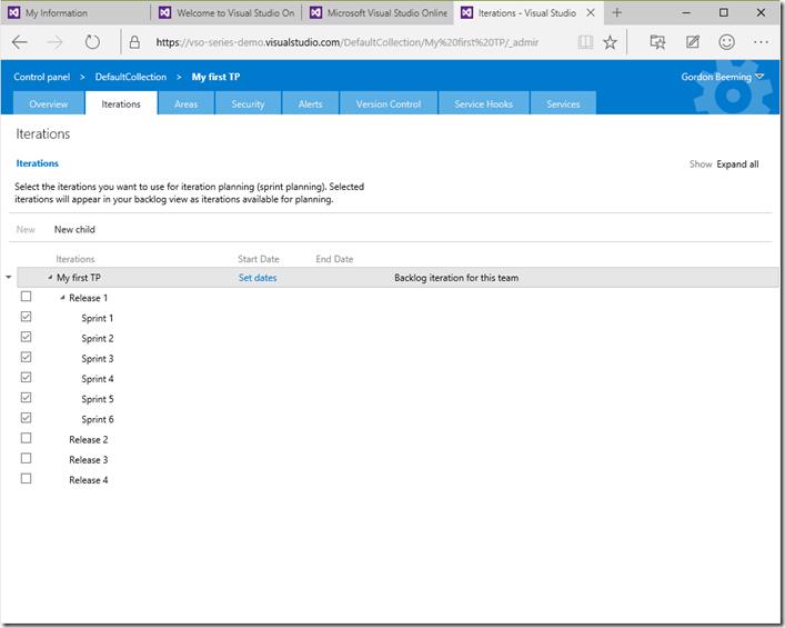 VSTS Iterations page showing existing iterations