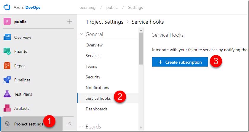 Azure DevOps project settings with Service Hooks and Create Subscription highlighted