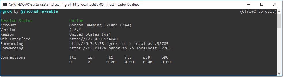 ngrok console showing active tunnel with forwarding URLs